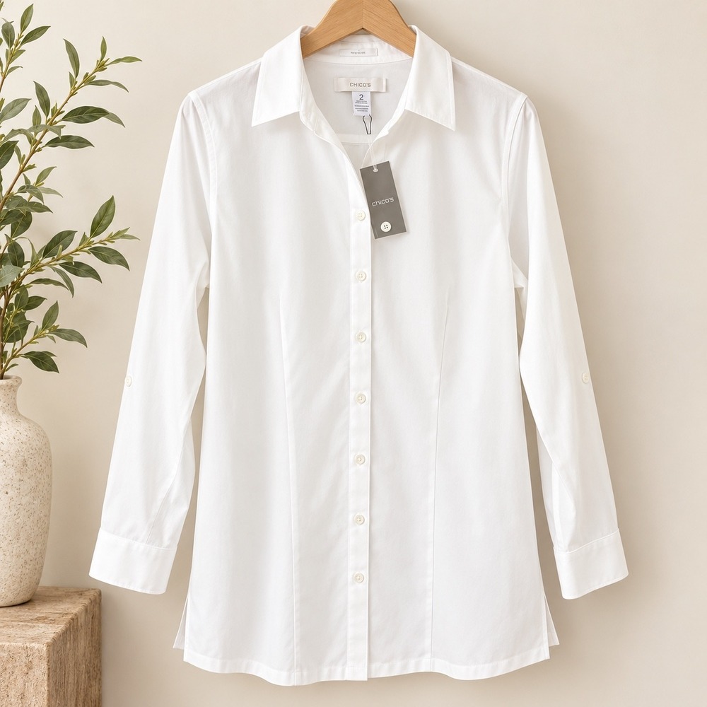 Chico's Lenae Effortless Cotton No-Iron White Button Down Shirt Size 2 Large